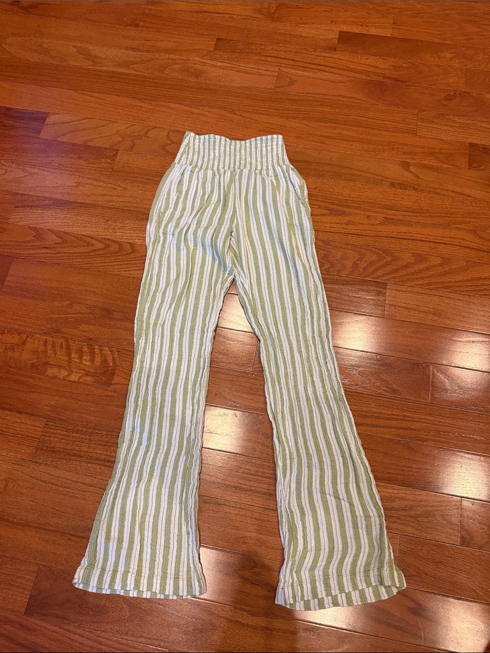 Billabong Green and White Striped wide leg Smocked-Waist Pants w/ pockets